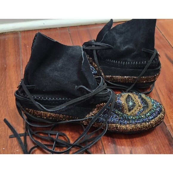 House of Harlow 1960 Beaded Suede Lace-Up Moccasin Boots Black Gold Boho Festiva - Picture 8 of 16